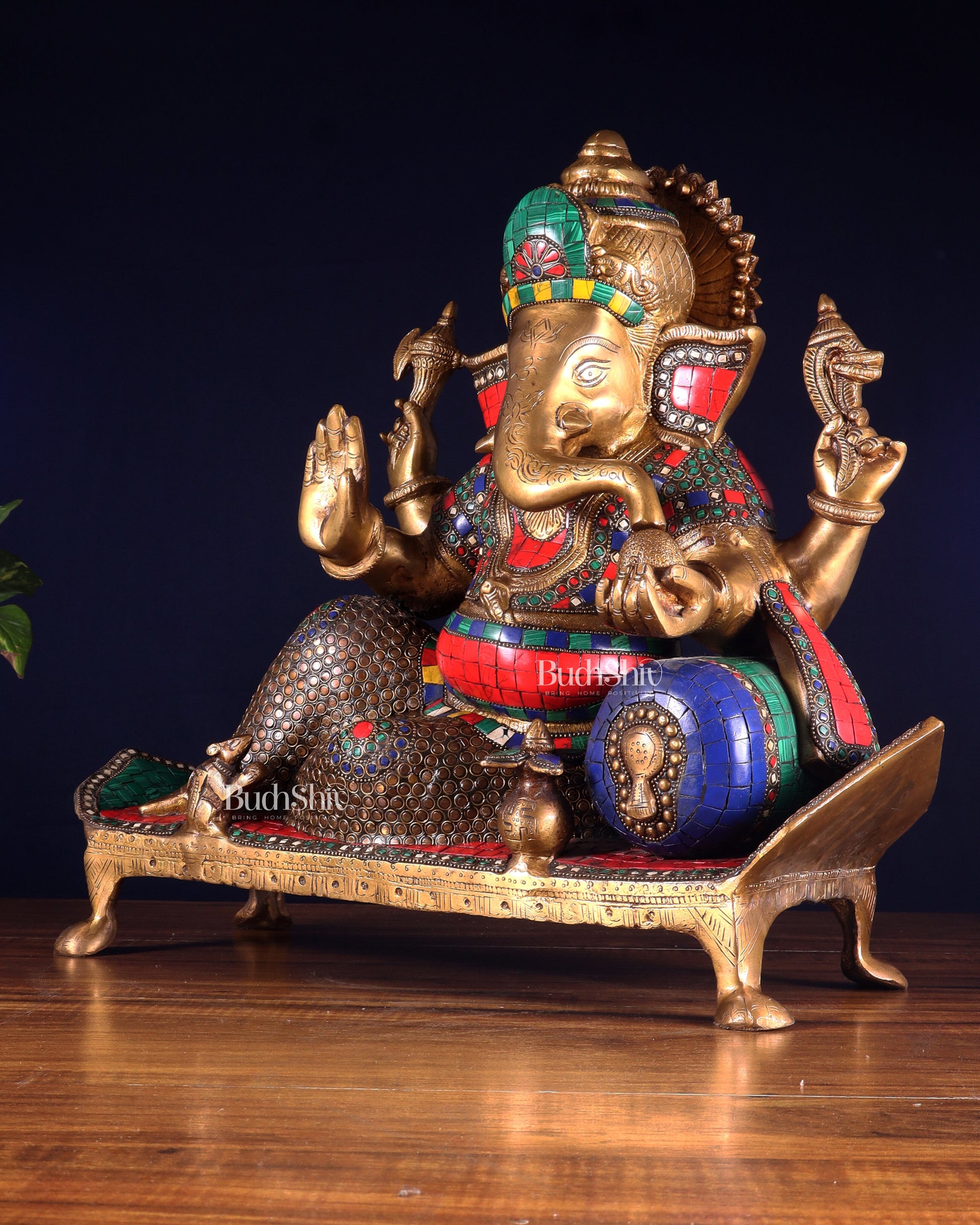 Brass Ganesha resting Statue with Stonework - 16 Inch
