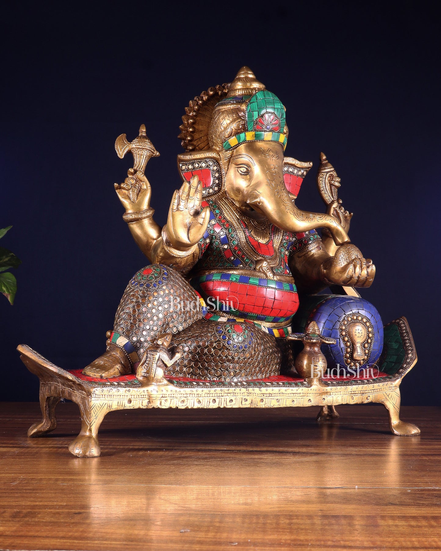Brass Ganesha resting Statue with Stonework - 16 Inch