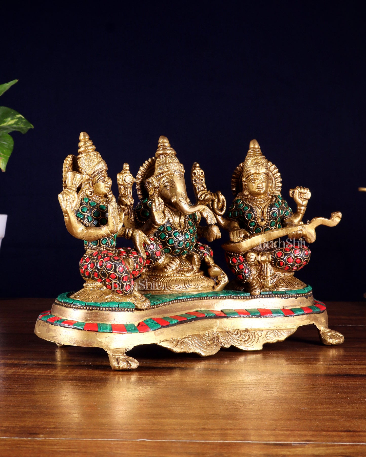 Ganesha Lakshmi Saraswati Brass Idols with meenakari stonework 6.5"