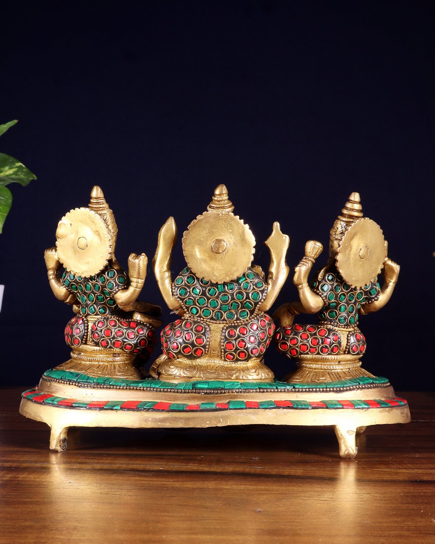 Ganesha Lakshmi Saraswati Brass Idols with meenakari stonework 6.5"