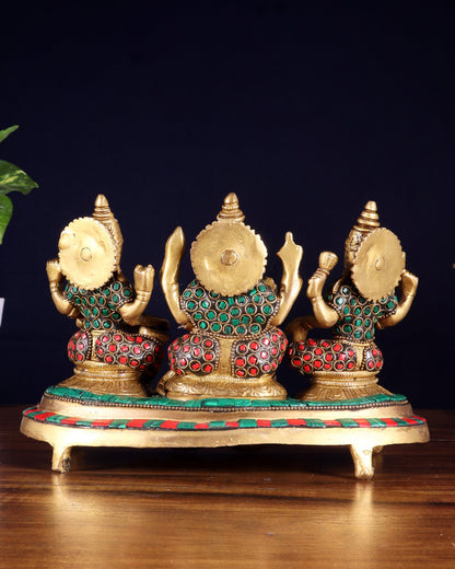 Ganesha Lakshmi Saraswati Brass Idols with meenakari stonework 6.5"