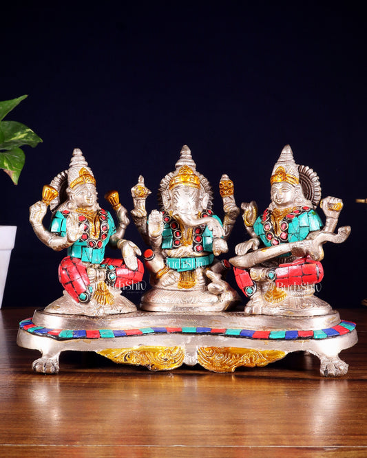 Ganesha Lakshmi Saraswati Brass Silver plated Idol with stonework 6.5"