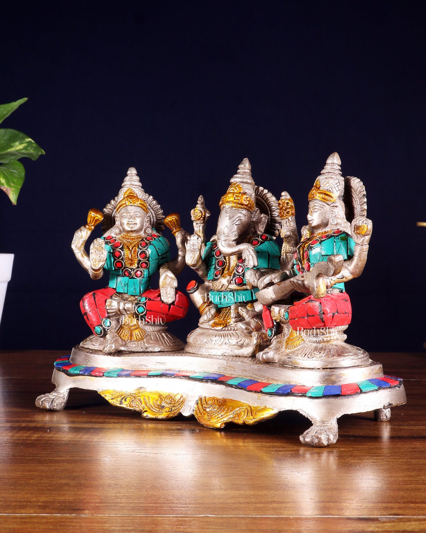 Ganesha Lakshmi Saraswati Brass Silver plated Idol with stonework 6.5"