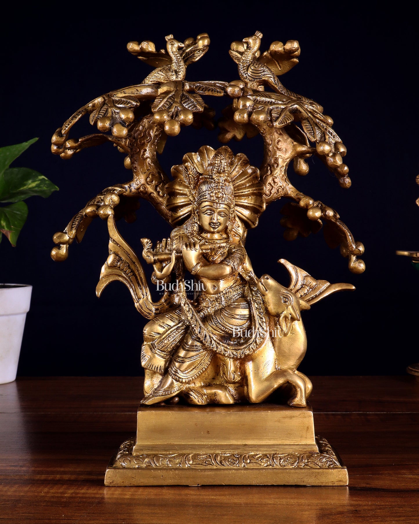 Brass Krishna sitting on Cow with Kalpavriksha | 12 inch