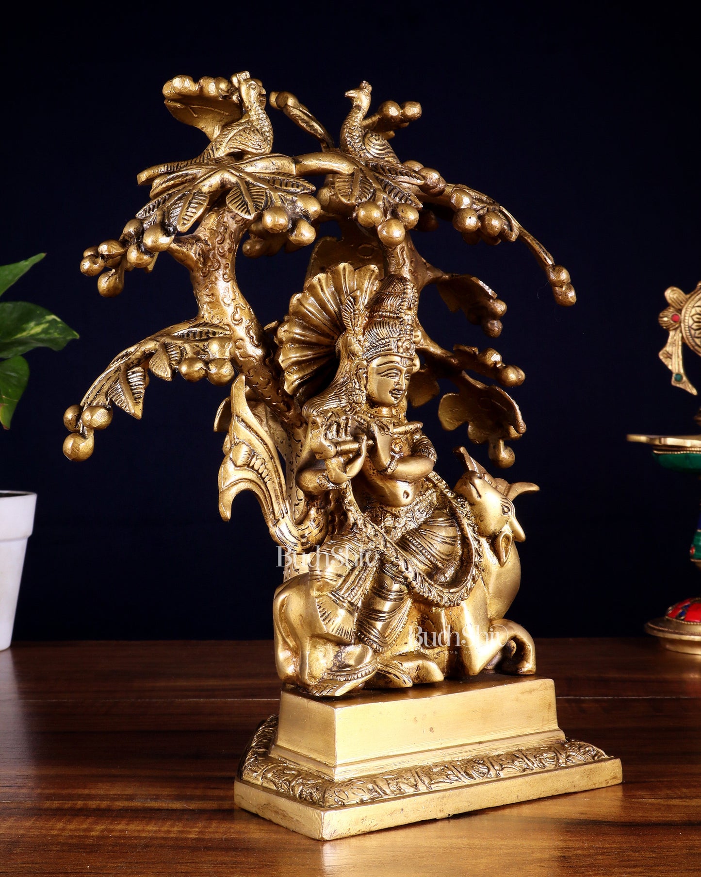 Brass Krishna sitting on Cow with Kalpavriksha | 12 inch