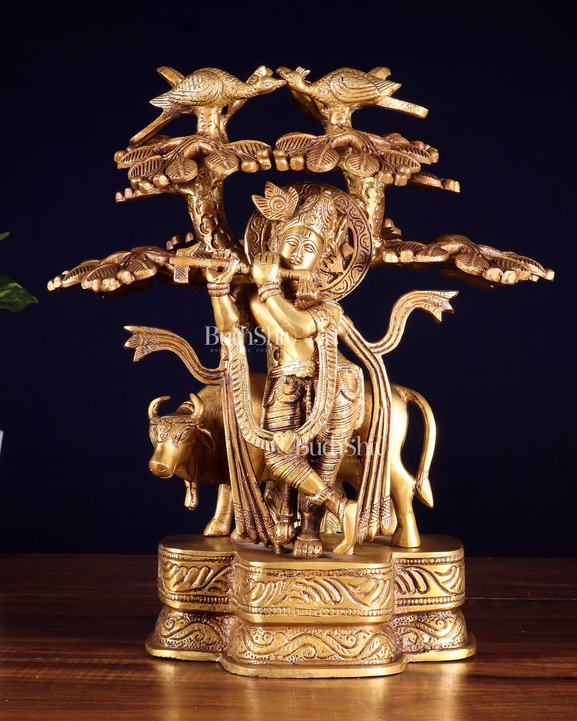 Pure Brass Krishna with Cow Under Kalpavriksha tree Statue 12 inch