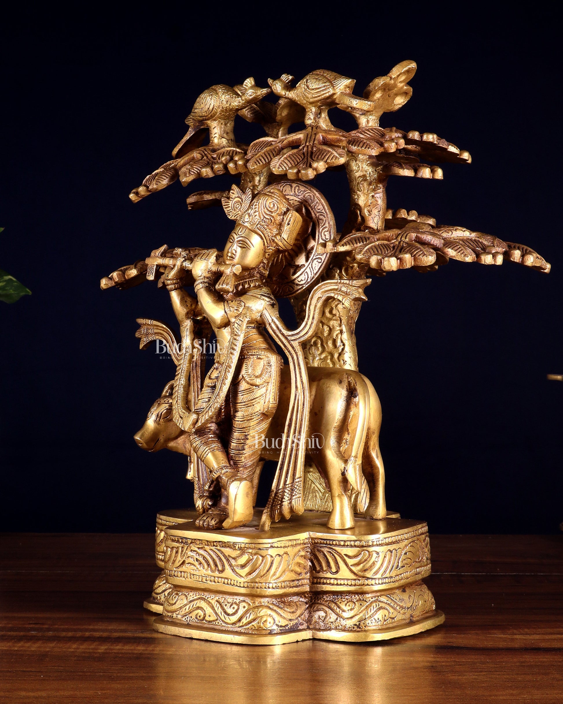 Pure Brass Krishna with Cow Under Kalpavriksha tree Statue 12 inch
