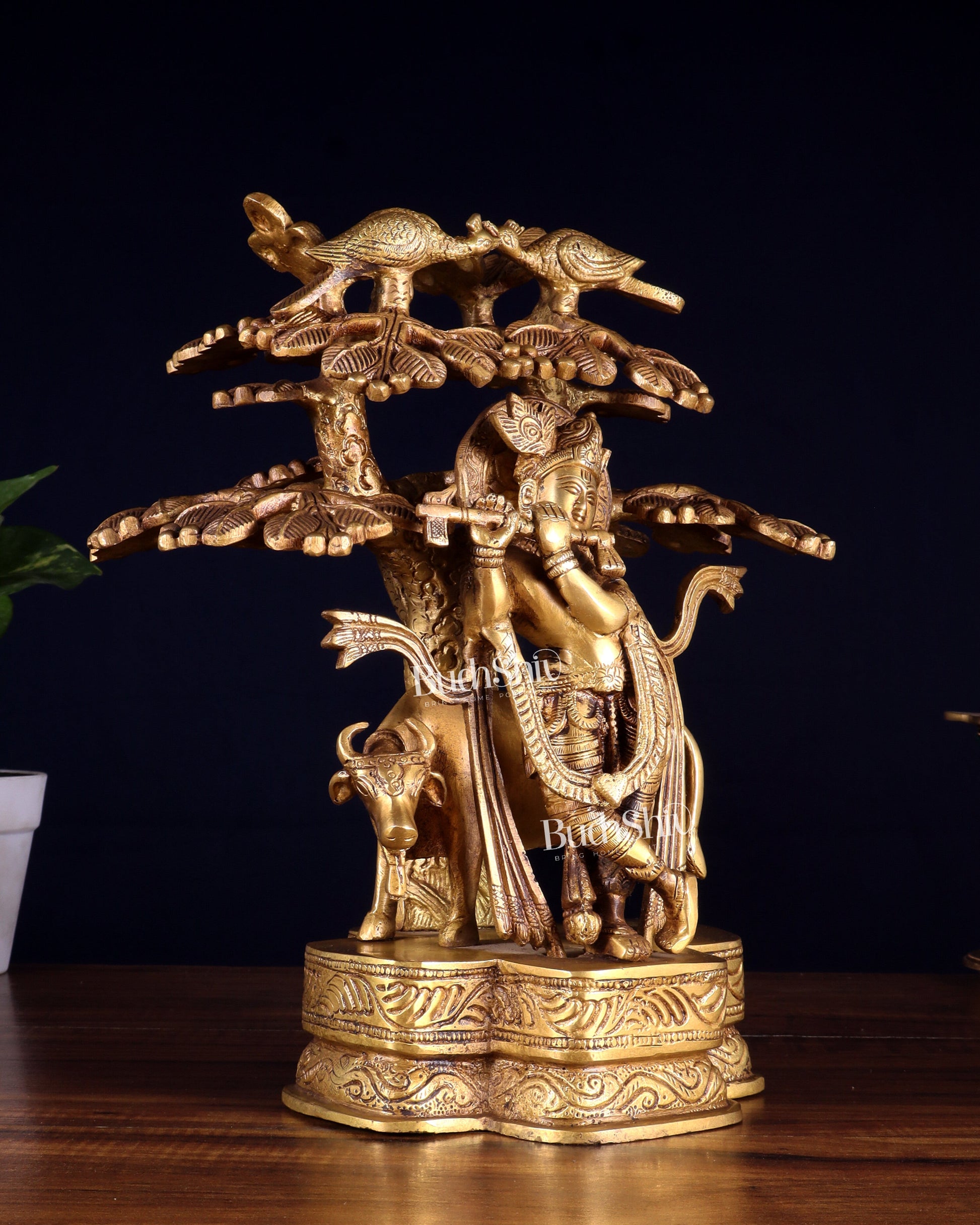 Pure Brass Krishna with Cow Under Kalpavriksha tree Statue 12 inch