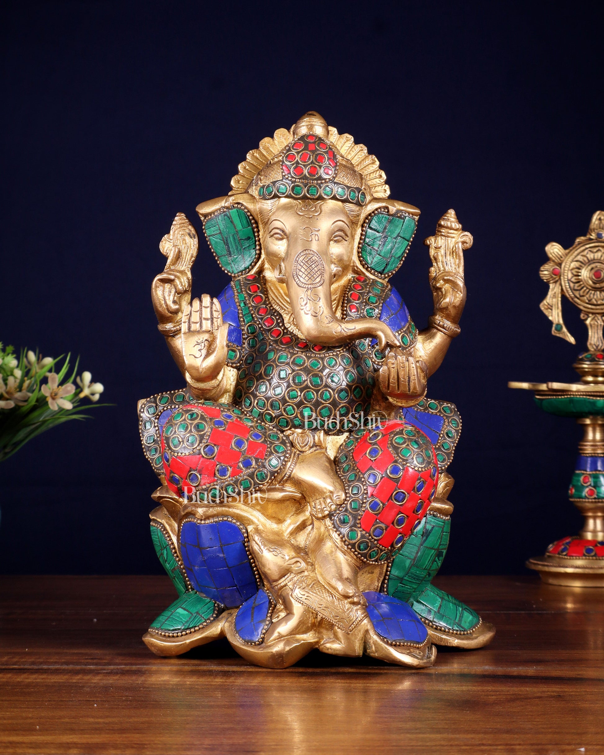 Handcrafted Brass Ganesha Idol with stonework - 10"