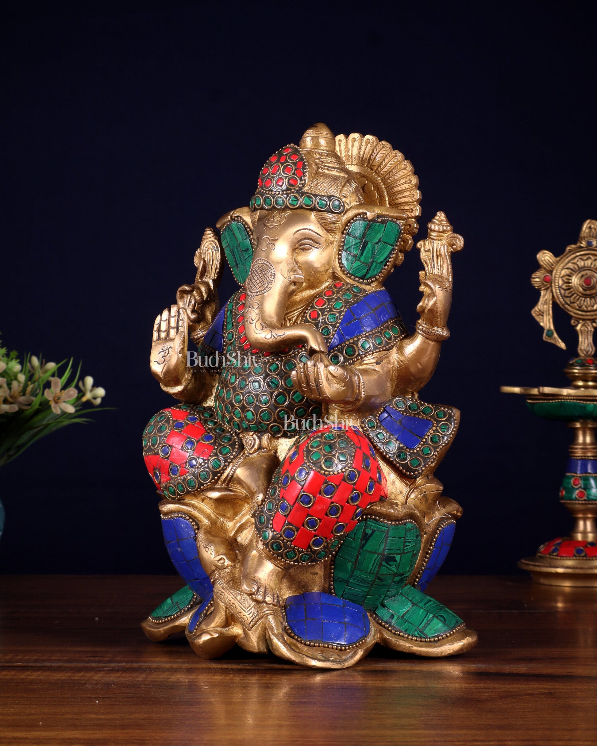 Handcrafted Brass Ganesha Idol with stonework - 10"