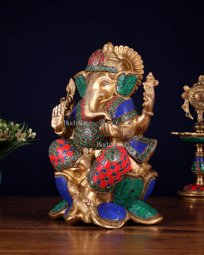 Handcrafted Brass Ganesha Idol with stonework - 10"