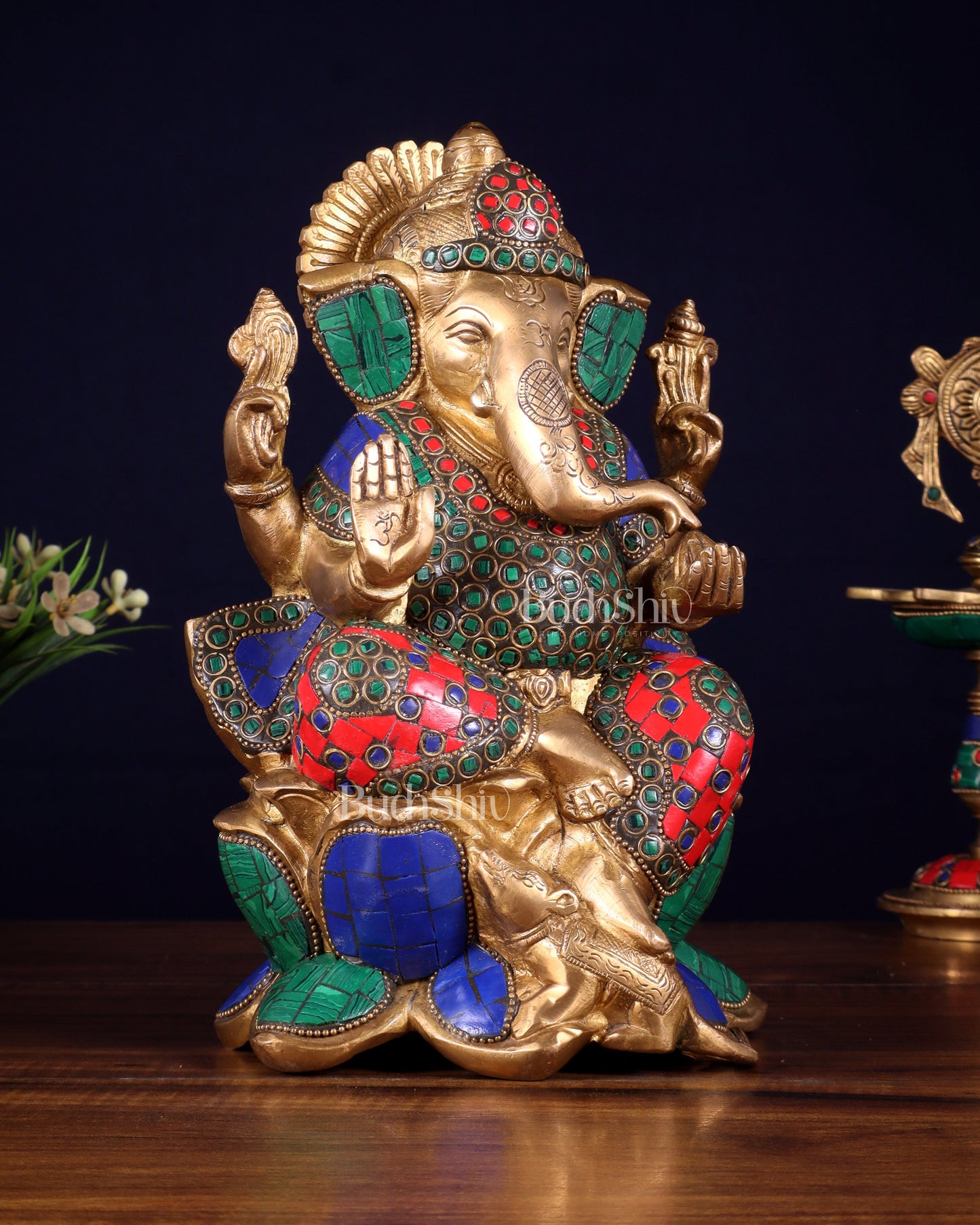 Handcrafted Brass Ganesha Idol with stonework - 10"