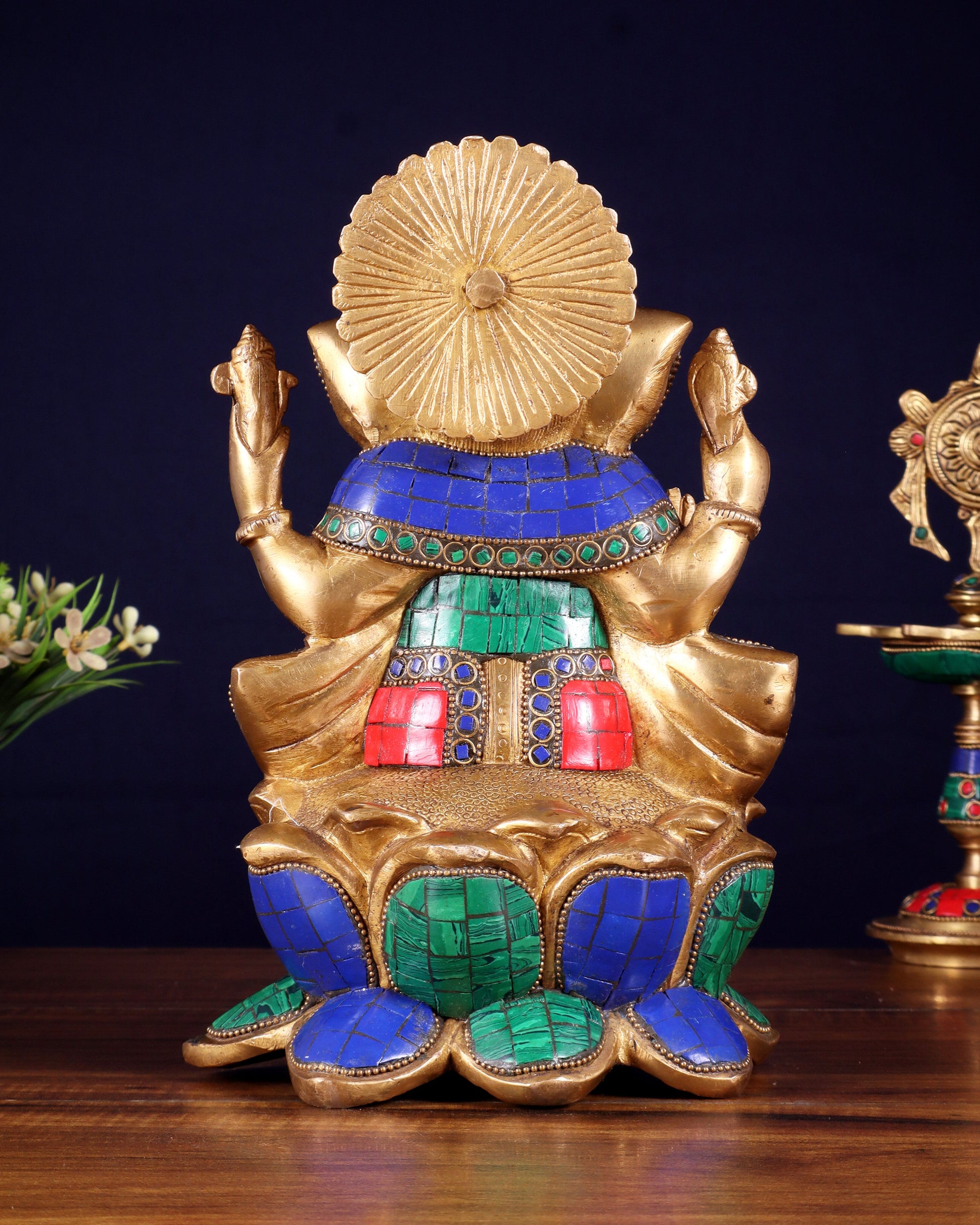 Handcrafted Brass Ganesha Idol with stonework - 10"