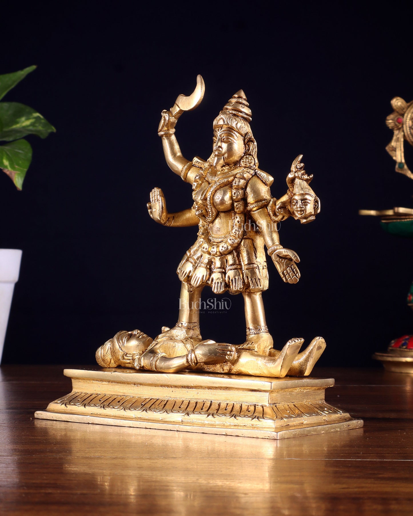 Brass Charbhuja Goddess Kali with Four Arms Idol 7 inch