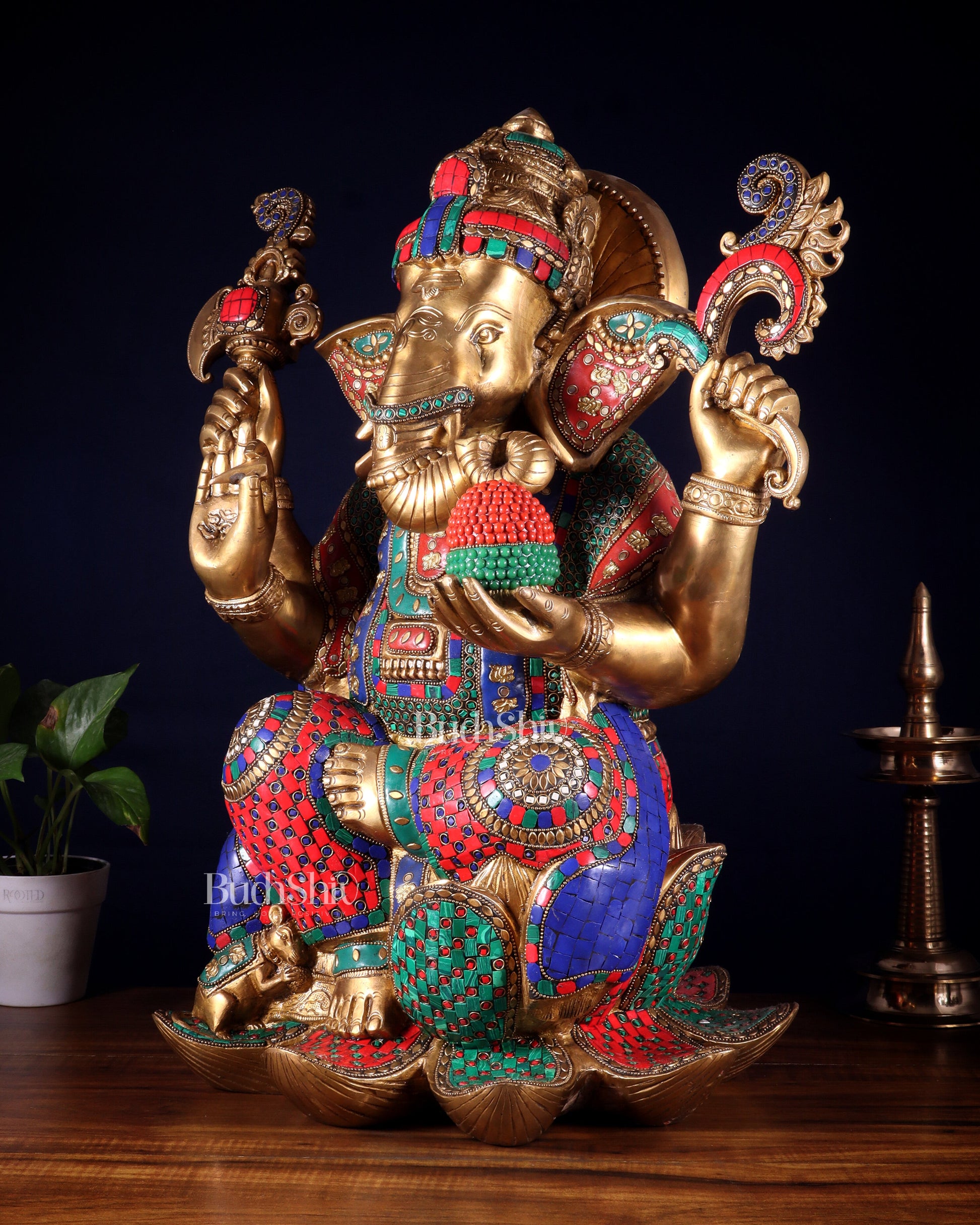 Pure Brass Lord Ganesha Statue - Seated on Lotus, 22" with stonework