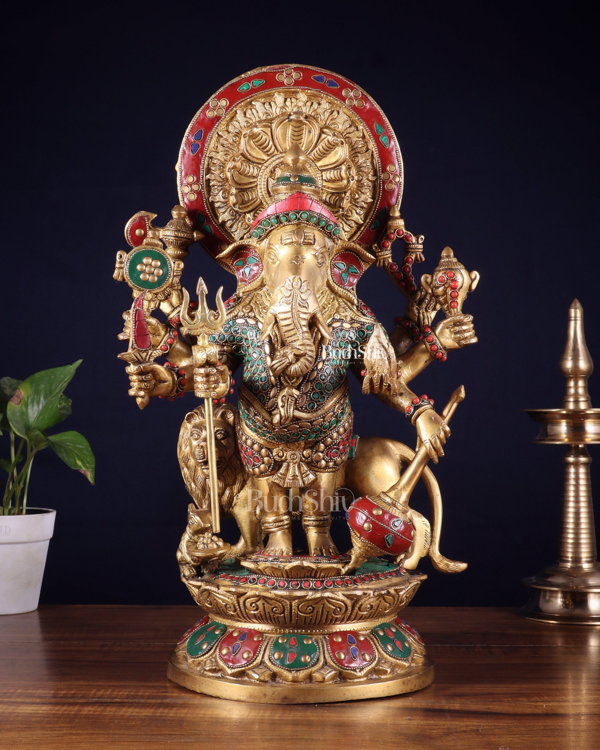 Large Brass Kana Drishti Ganesha Standing with Lion Statue 18 inch