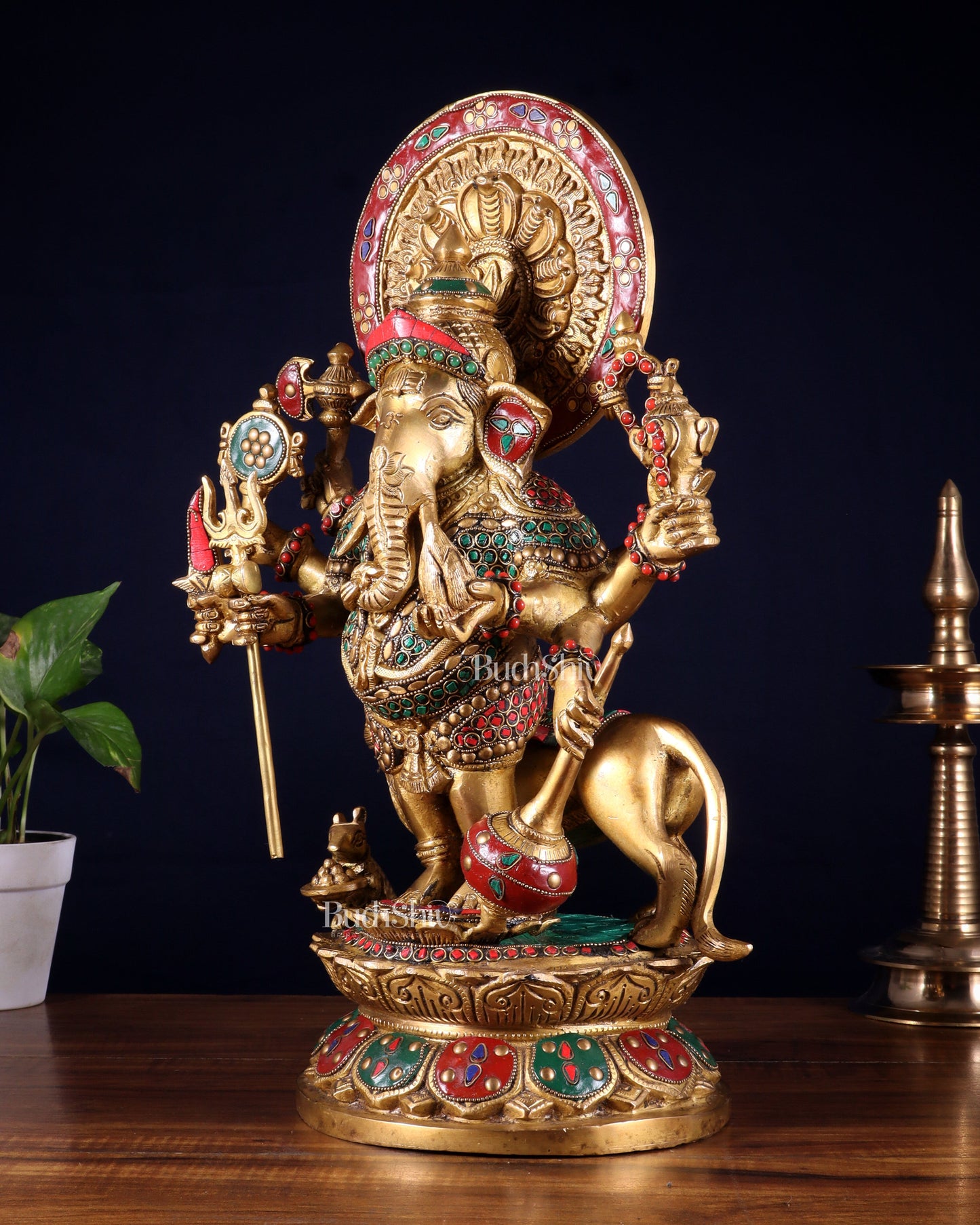 Large Brass Kana Drishti Ganesha Standing with Lion Statue 18 inch
