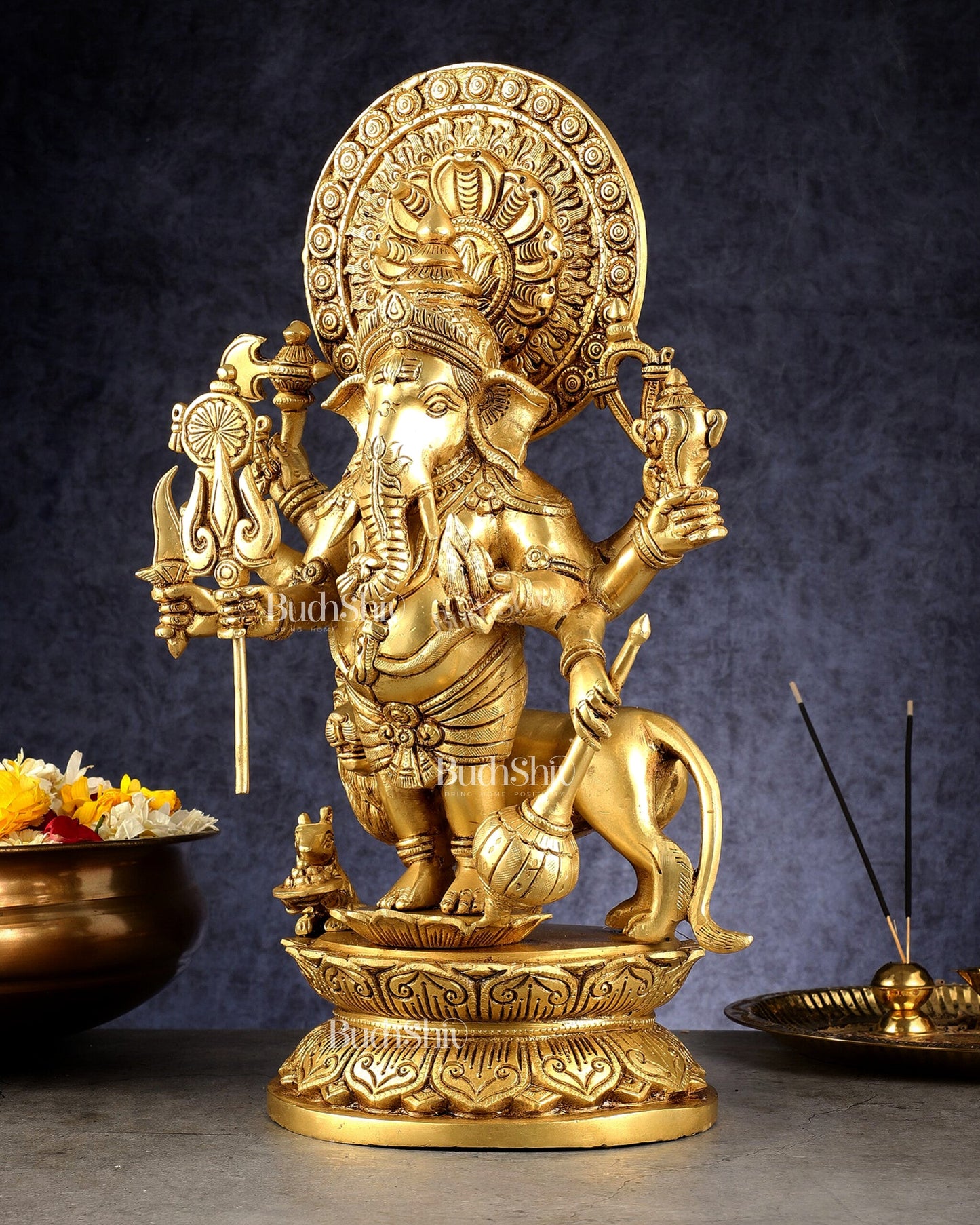 Large Brass Kana Drishti Ganesha Standing with Lion Statue | (18 inch/ 12kg)