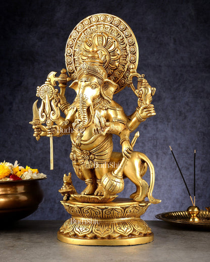 Large Brass Kana Drishti Ganesha Standing with Lion Statue | (18 inch/ 12kg)