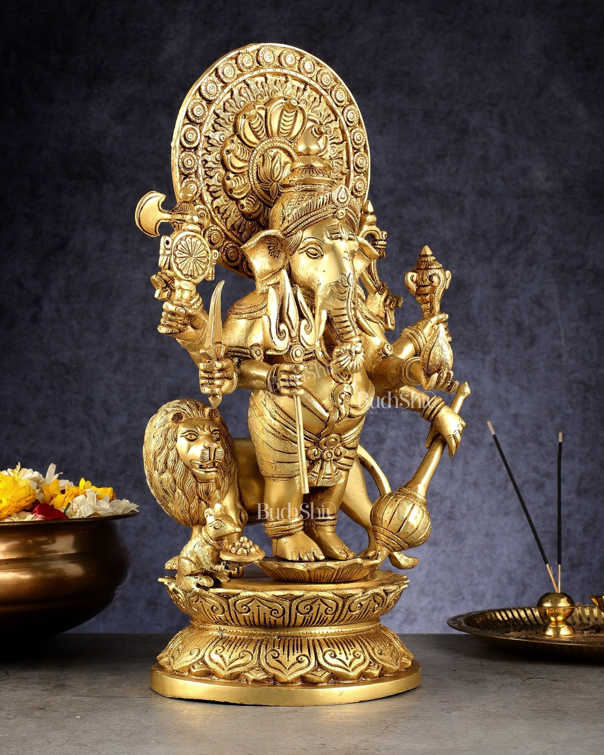Large Brass Kana Drishti Ganesha Standing with Lion Statue | (18 inch/ 12kg)