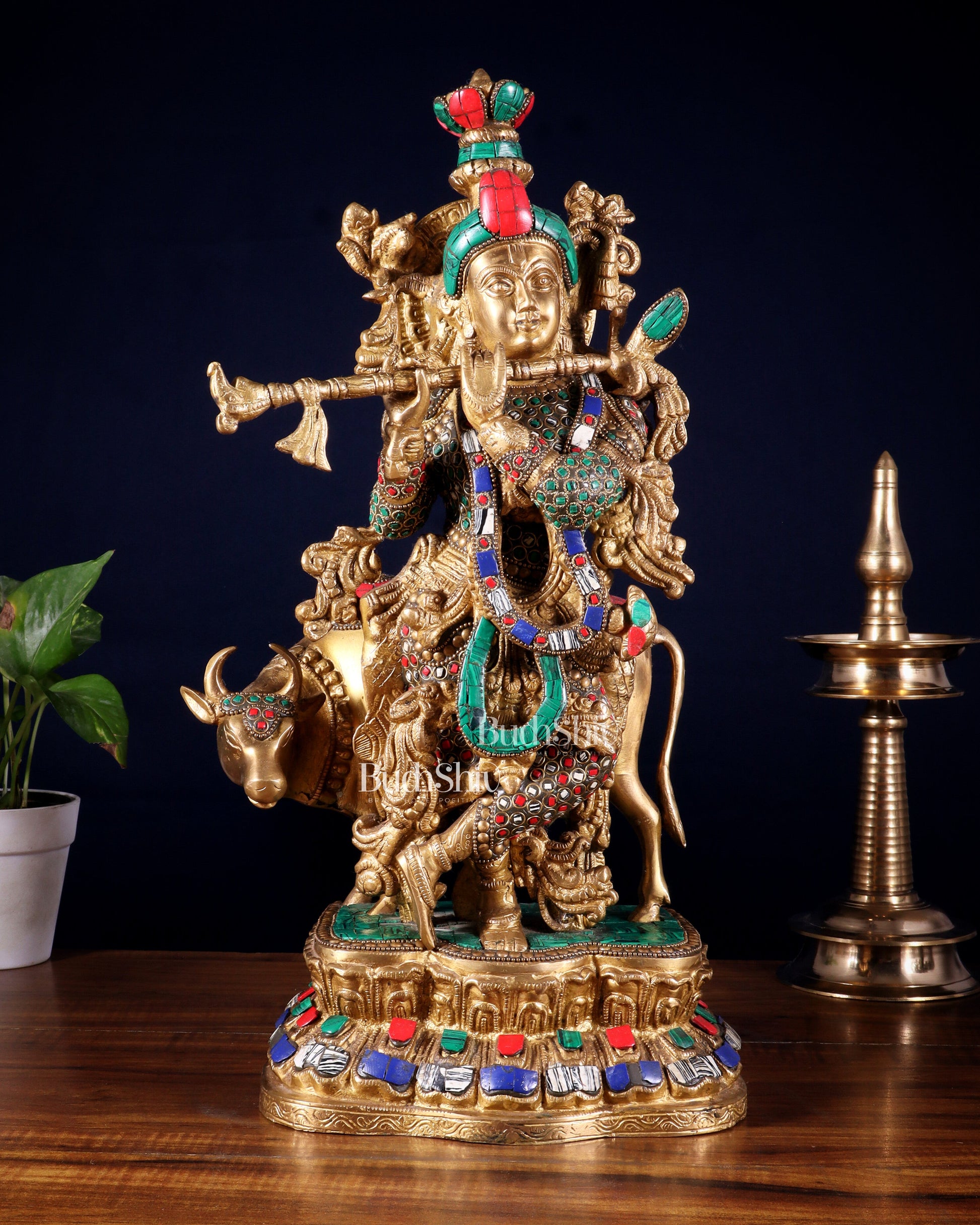 Lord Krishna with Cow Brass Statue - 17" Exquisite Sculpture