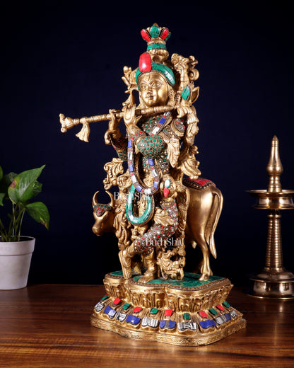 Lord Krishna with Cow Brass Statue - 17" Exquisite Sculpture