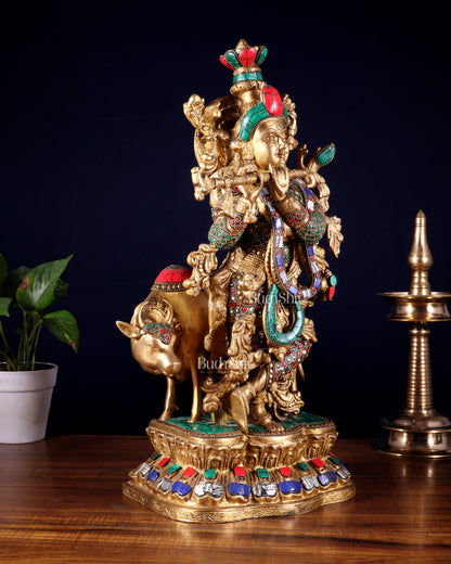 Lord Krishna with Cow Brass Statue - 17" Exquisite Sculpture
