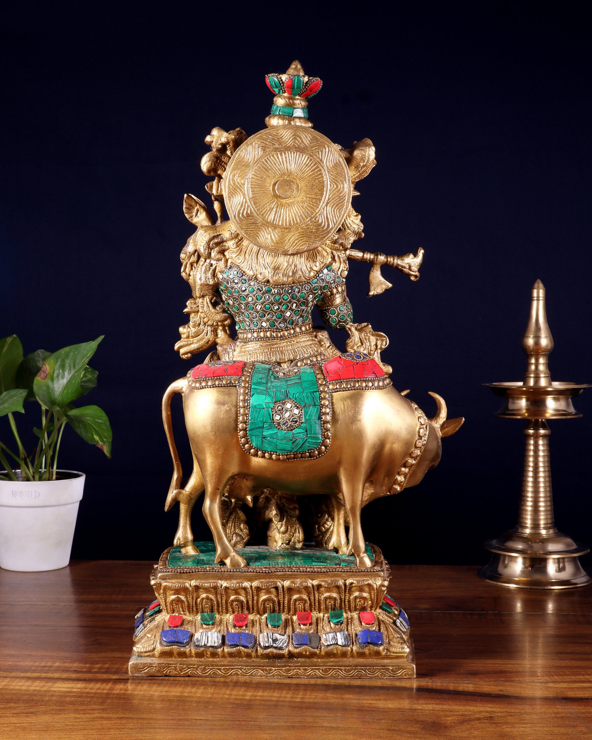 Lord Krishna with Cow Brass Statue - 17" Exquisite Sculpture