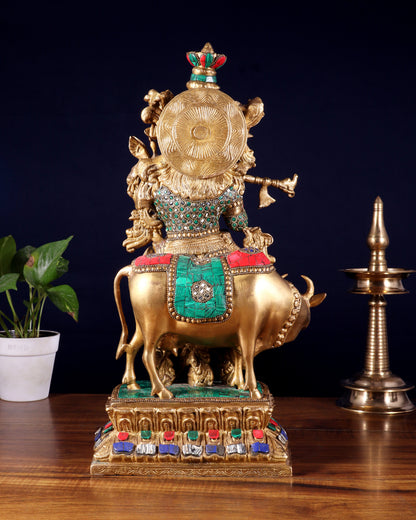 Lord Krishna with Cow Brass Statue - 17" Exquisite Sculpture