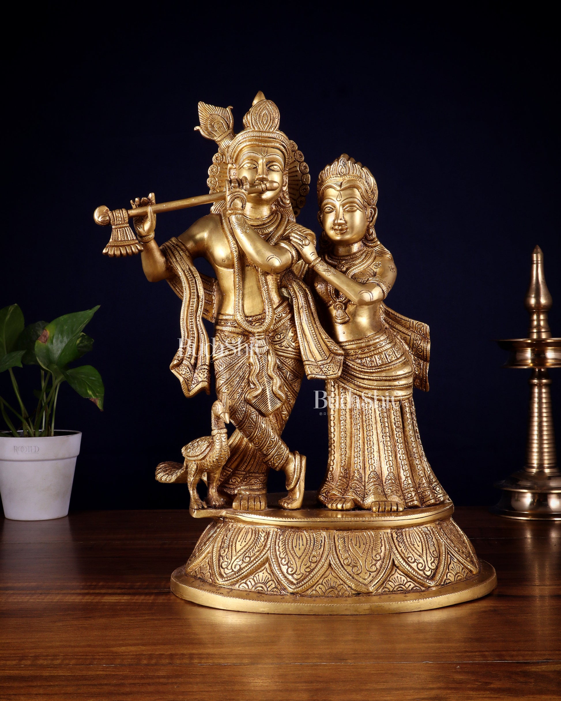 Pure Brass Radha Krishna with Peacock Idol - 16"