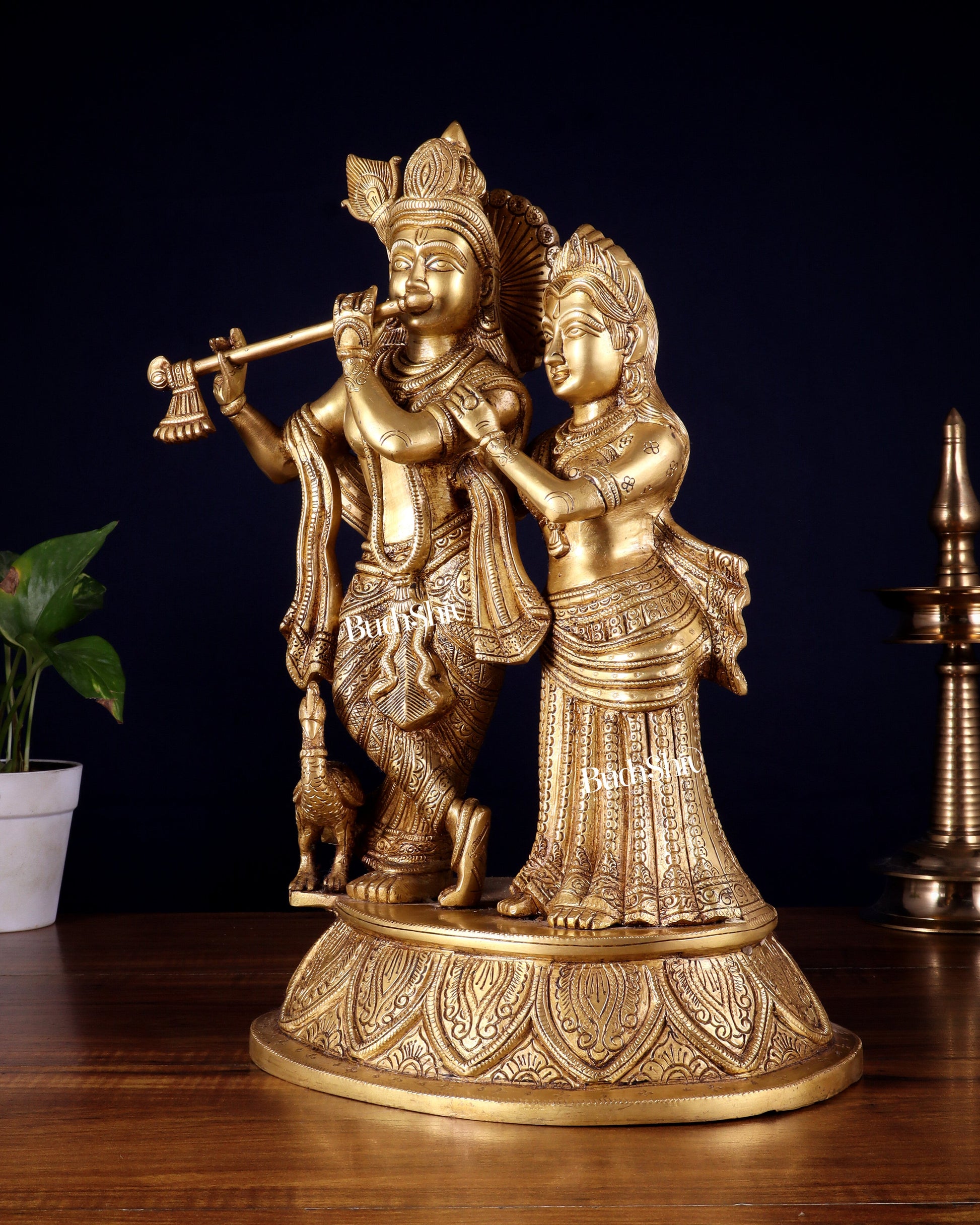 Pure Brass Radha Krishna with Peacock Idol - 16"