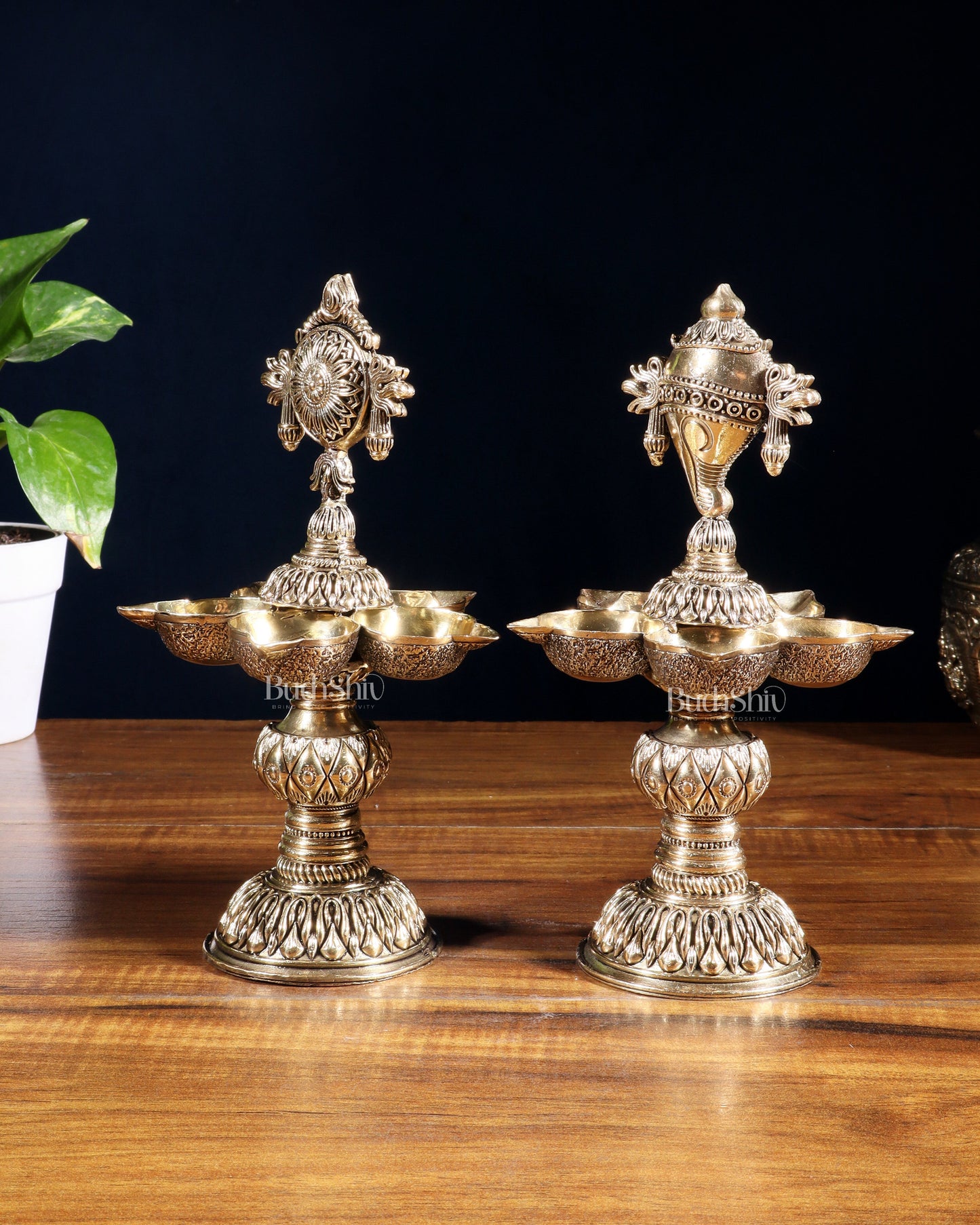 Brass Superfine Shanku Chakra Lamps – Intricately Crafted 8 inch