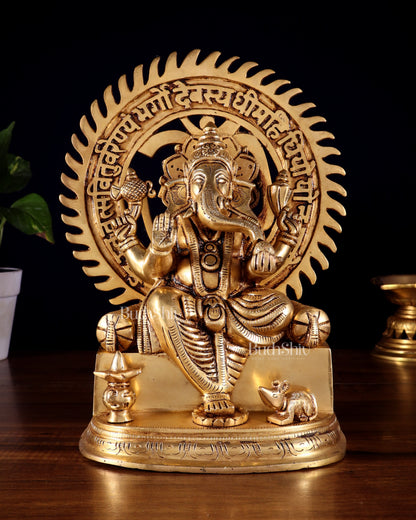 Brass Raja Ganesha Seated on Throne with Om Gayatri Mantra Prabhavali 10 inch