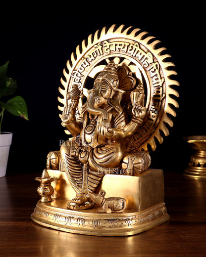 Brass Raja Ganesha Seated on Throne with Om Gayatri Mantra Prabhavali 10 inch