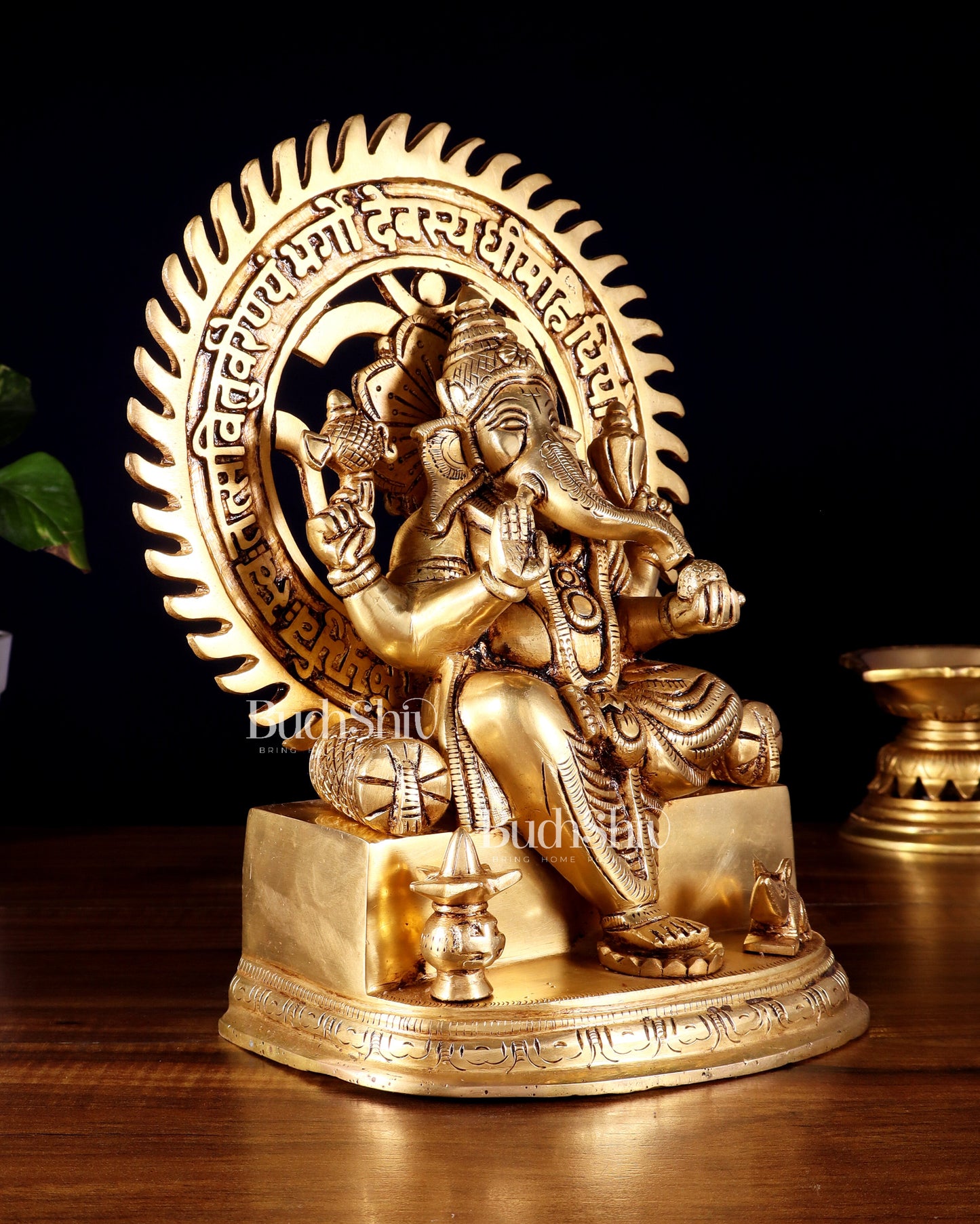Brass Raja Ganesha Seated on Throne with Om Gayatri Mantra Prabhavali 10 inch