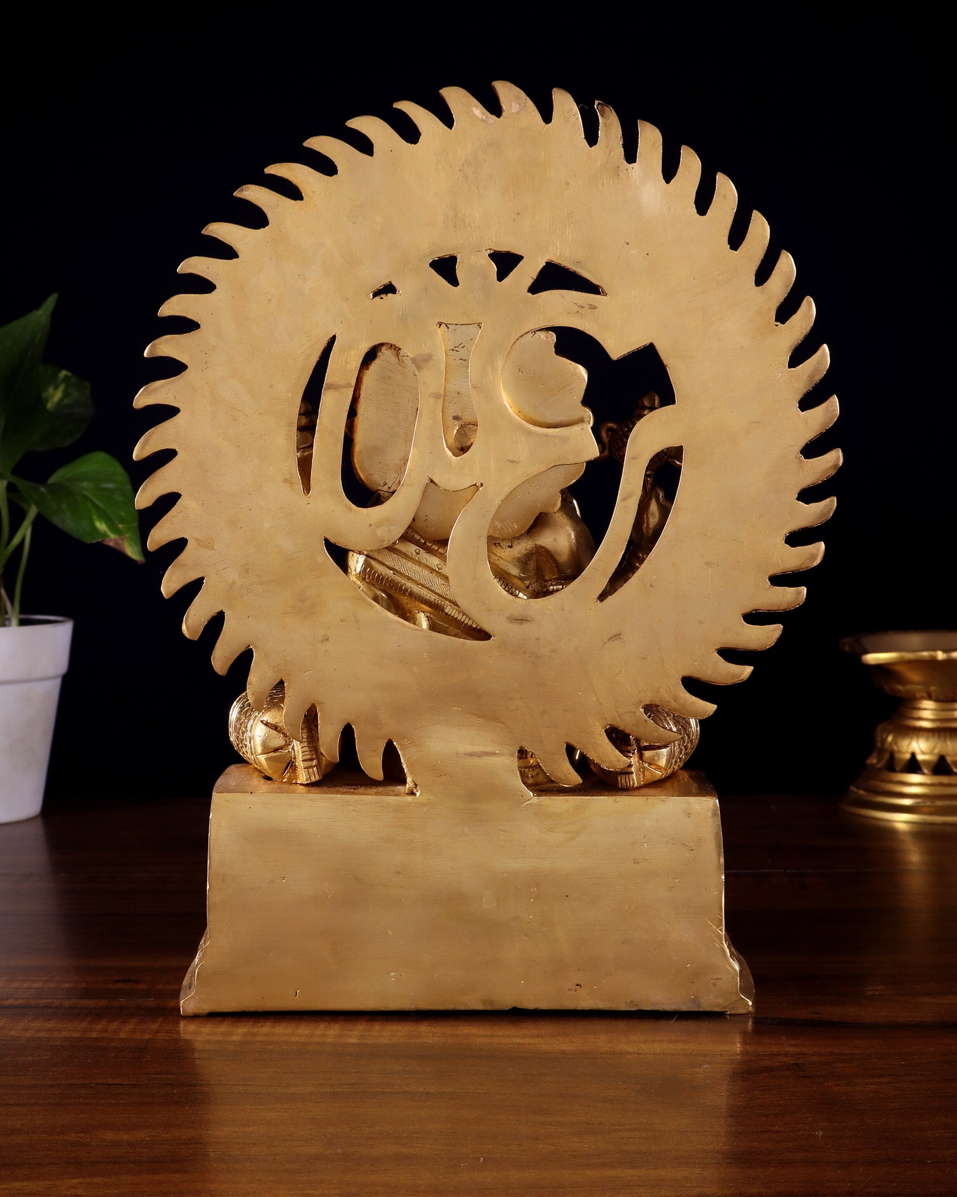 Brass Raja Ganesha Seated on Throne with Om Gayatri Mantra Prabhavali 10 inch