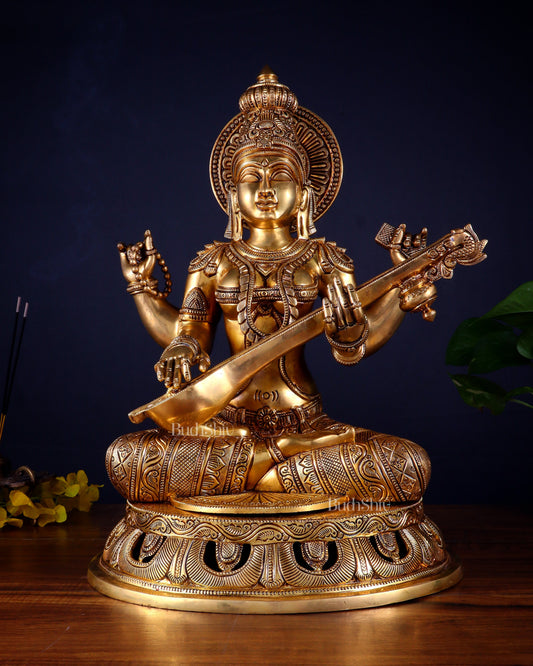 Pure Brass Superfine Saraswati Statue – Large Size 17.5"