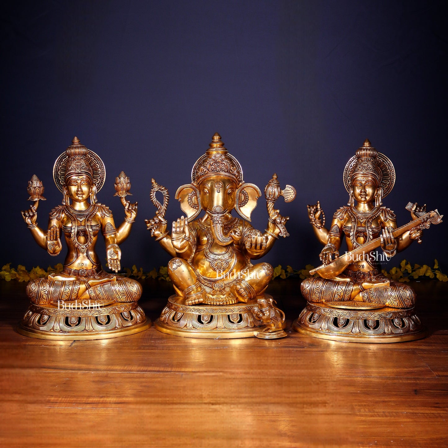 Brass Superfine Ganesh Lakshmi Saraswati Large Idol Set – Intricate Carvings 18" | 55 kg