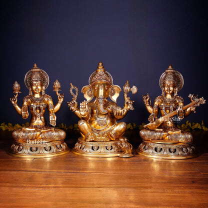Brass Superfine Ganesh Lakshmi Saraswati Large Idol Set – Intricate Carvings 18" | 55 kg