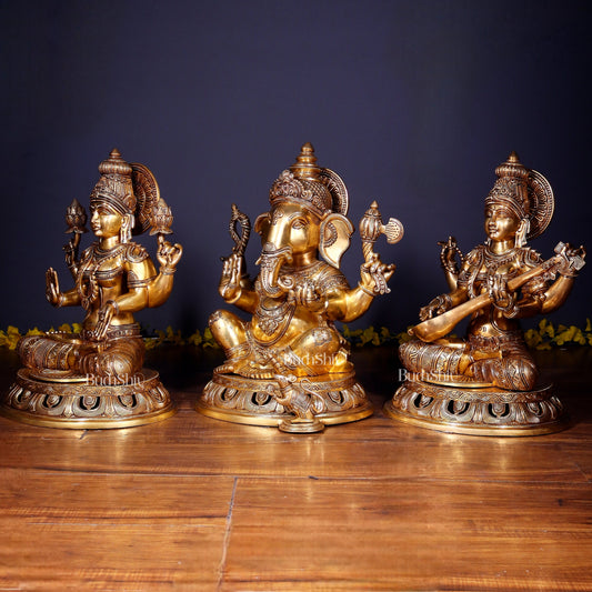 Brass Superfine Ganesh Lakshmi Saraswati Large Idol Set – Intricate Carvings 18" | 55 kg