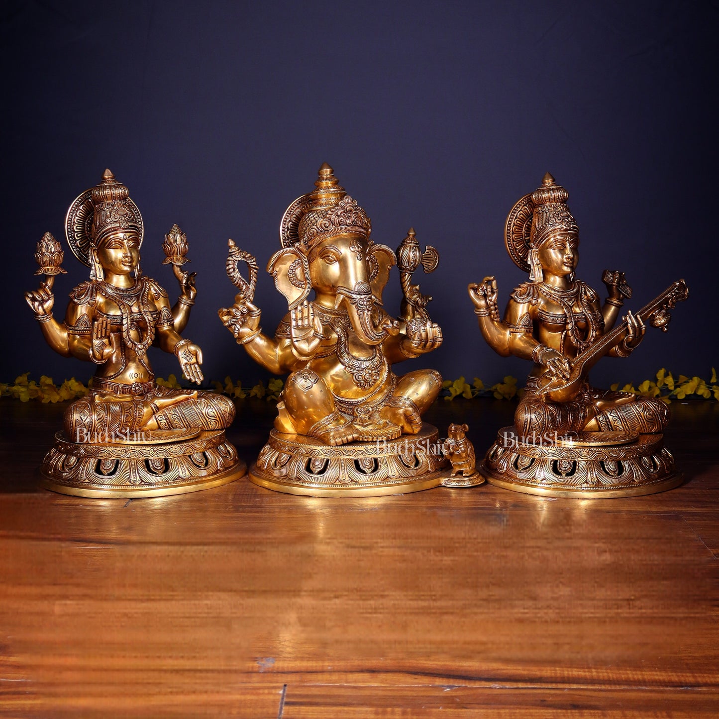 Brass Superfine Ganesh Lakshmi Saraswati Large Idol Set – Intricate Carvings 18" | 55 kg