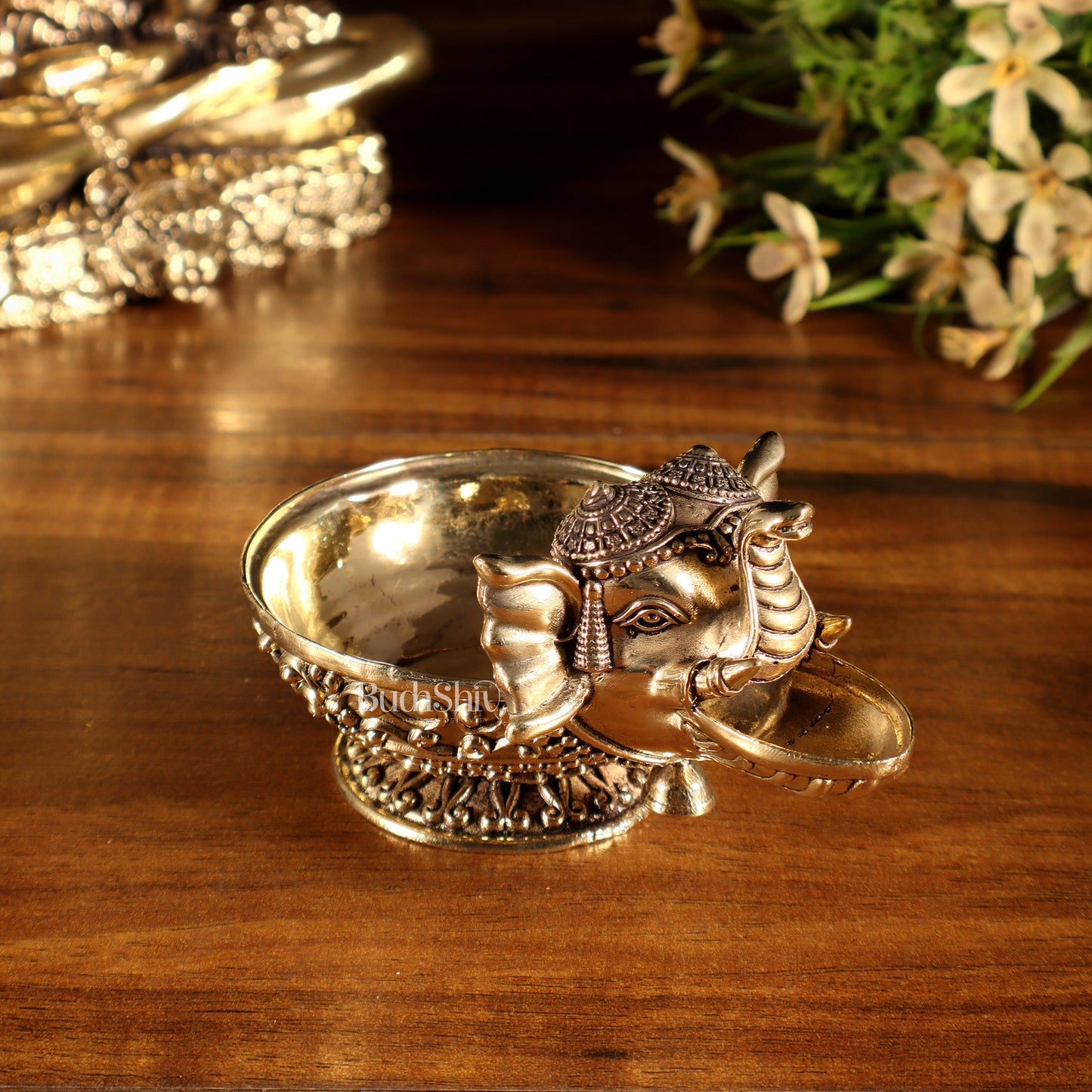 Beautiful Superfine Brass Elephant Face Design Diya – Intricate Carvings
