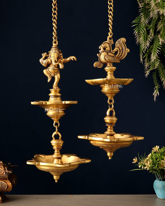 Brass Dancing Ganesha & Peacock Hanging Lamps 27 inch