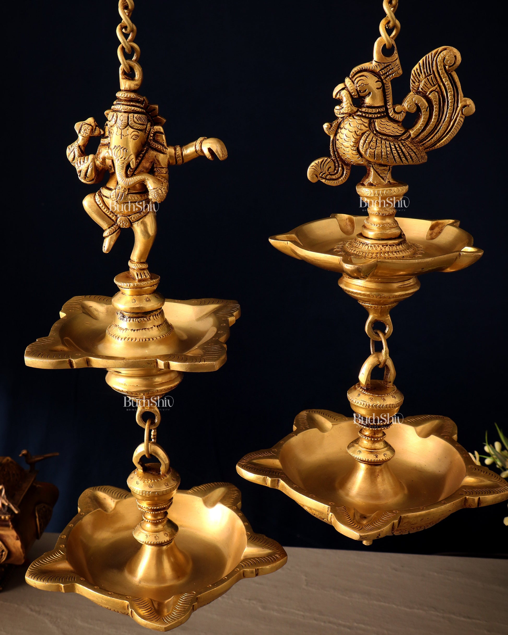 Brass Dancing Ganesha & Peacock Hanging Lamps 27 inch