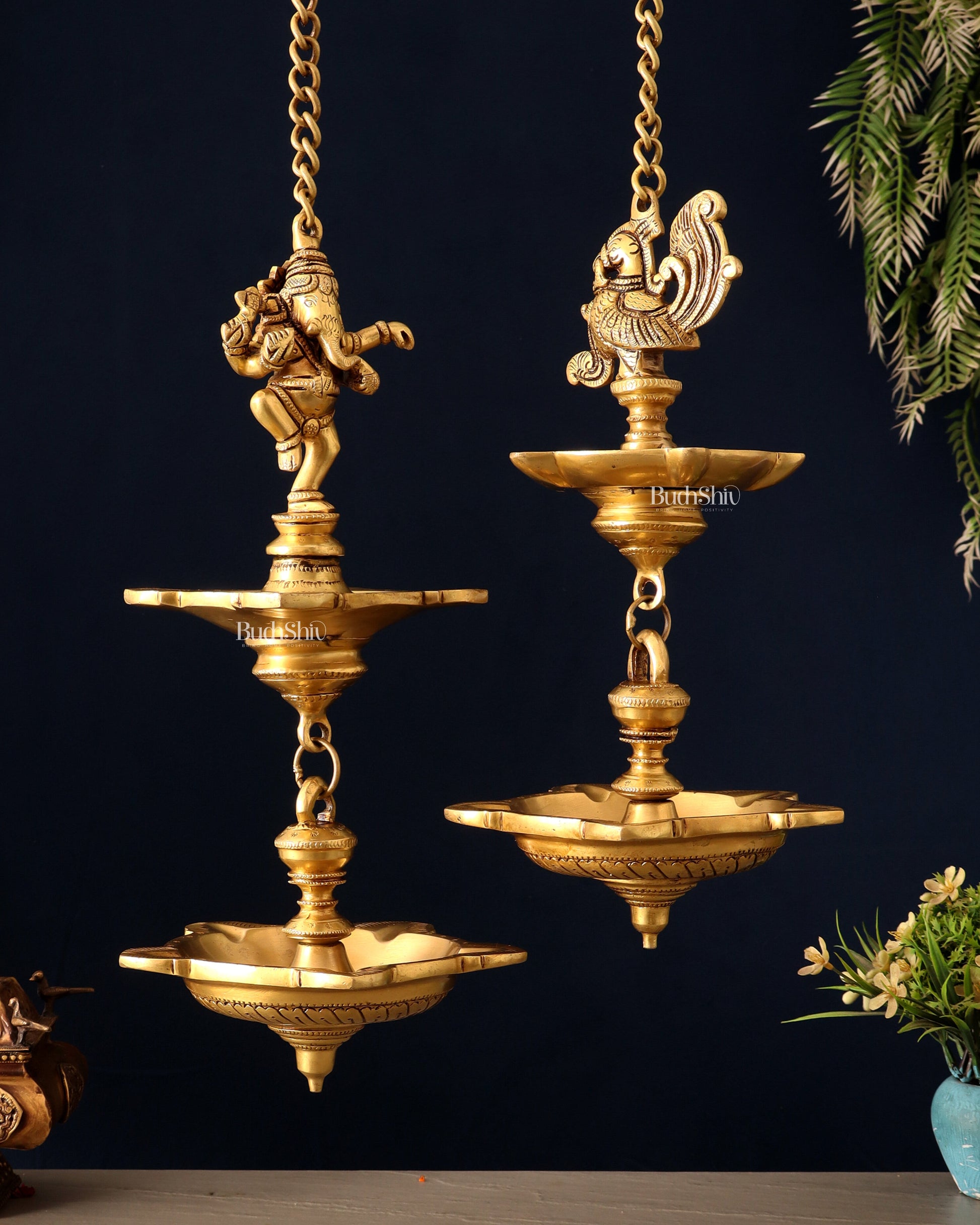 Brass Dancing Ganesha & Peacock Hanging Lamps 27 inch