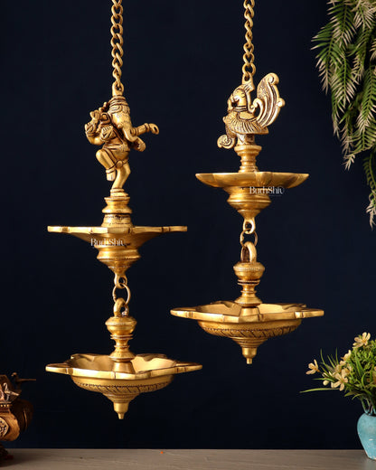 Brass Dancing Ganesha & Peacock Hanging Lamps 27 inch