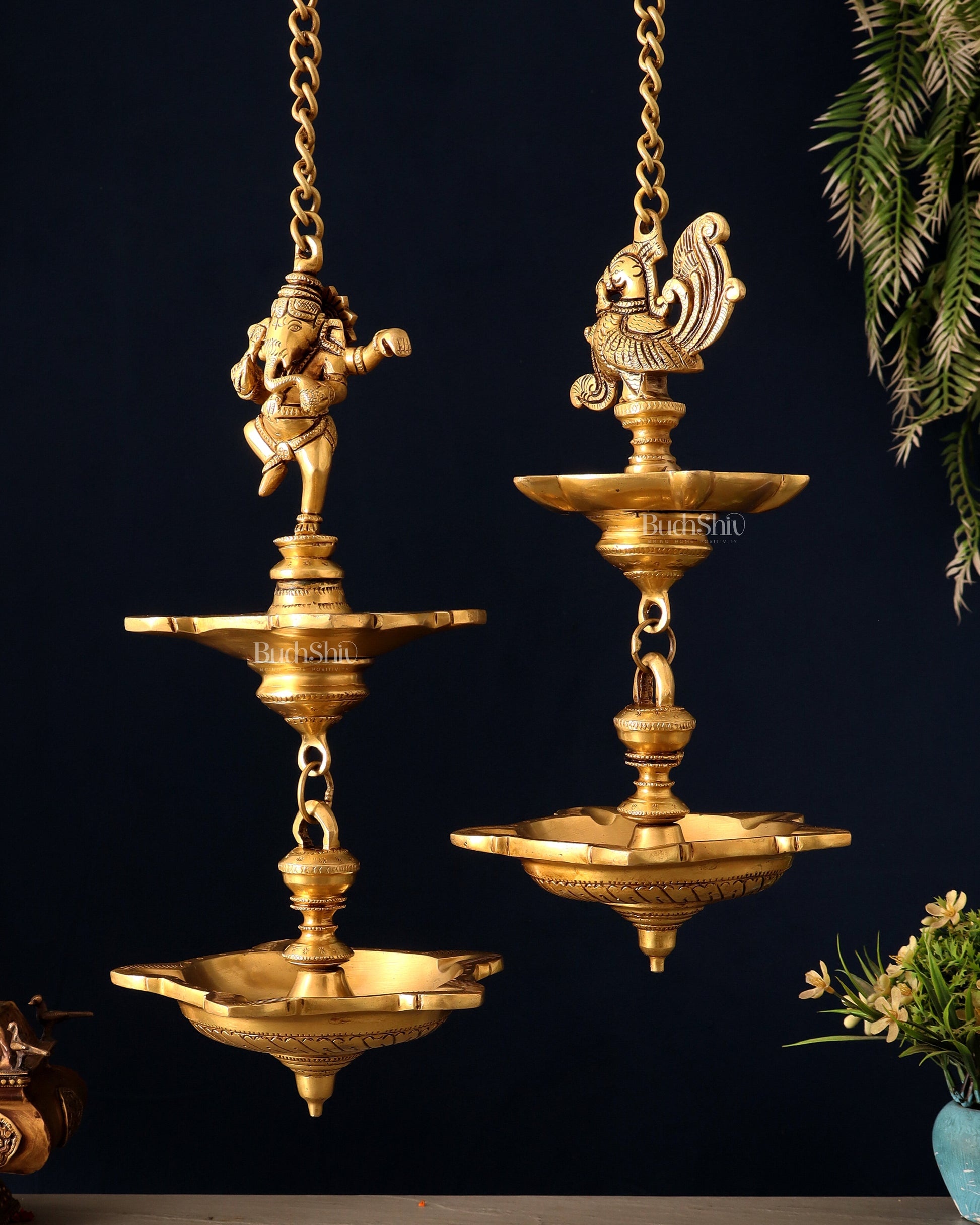 Brass Dancing Ganesha & Peacock Hanging Lamps 27 inch
