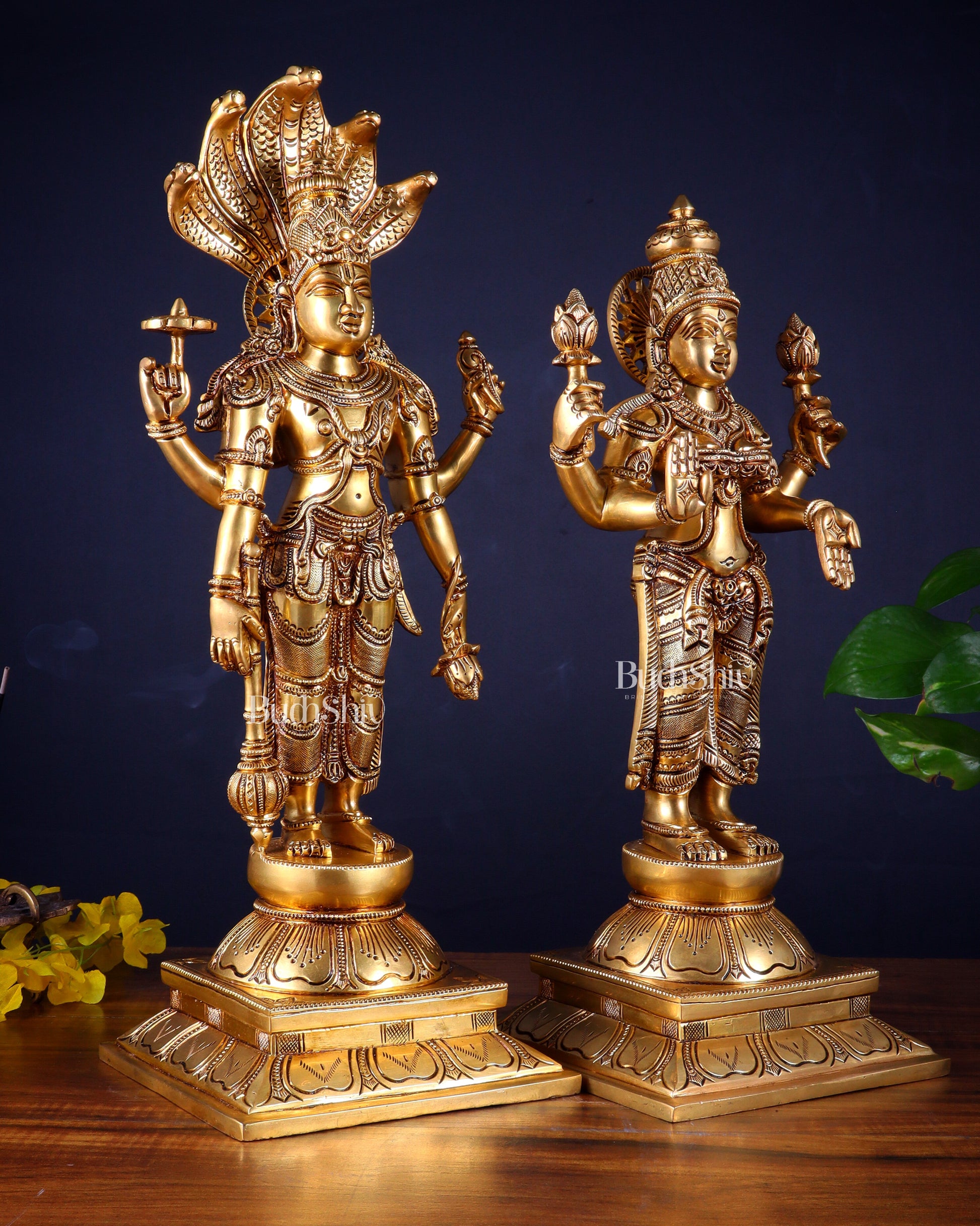 Brass Superfine Standing Lord Vishnu with Sheshanaag & Goddess Lakshmi Statue (Pair) 18 inch