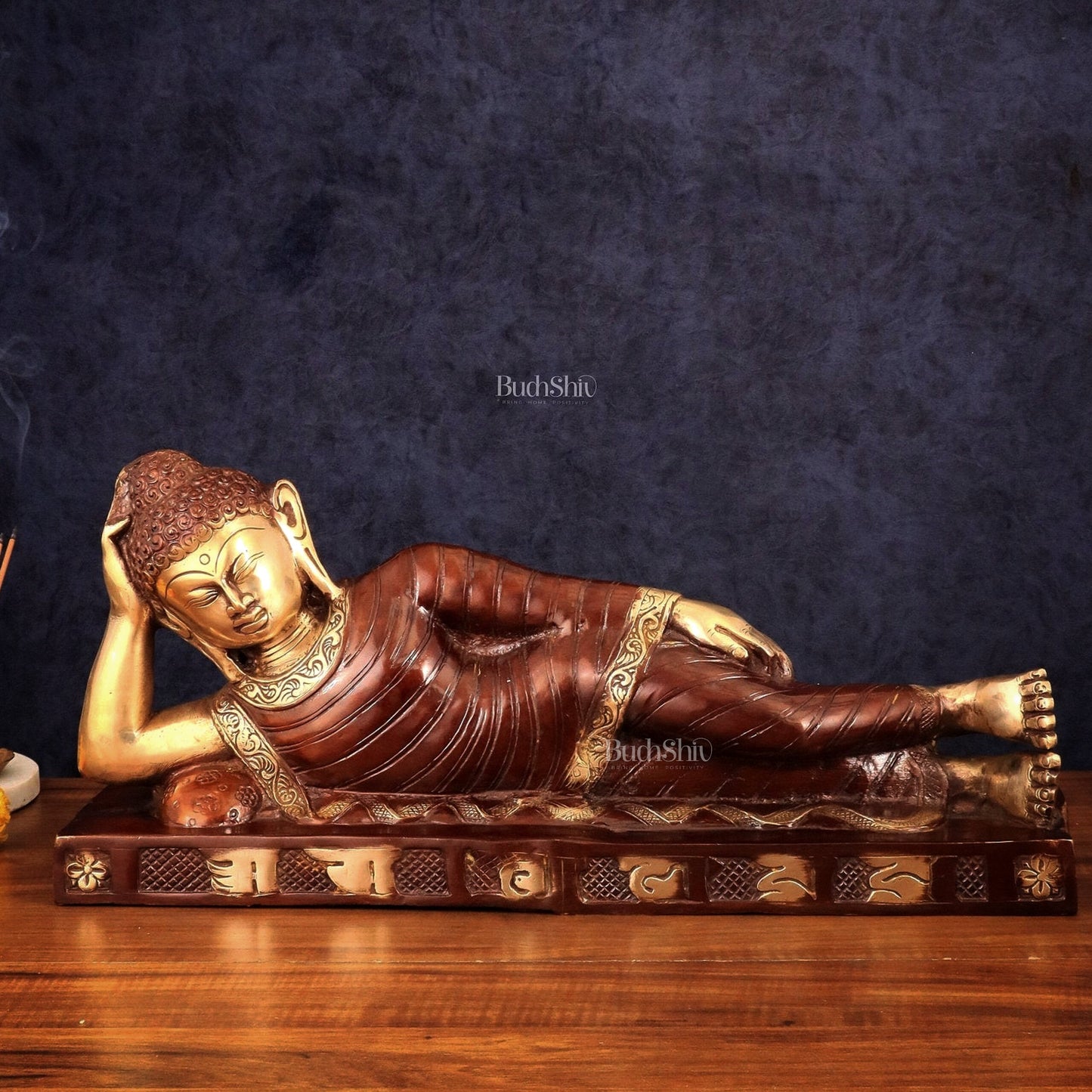 Brass Reclining sleeping Buddha Sculpture in Unique Dual Tone 20 inch