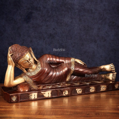 Brass Reclining sleeping Buddha Sculpture in Unique Dual Tone 20 inch